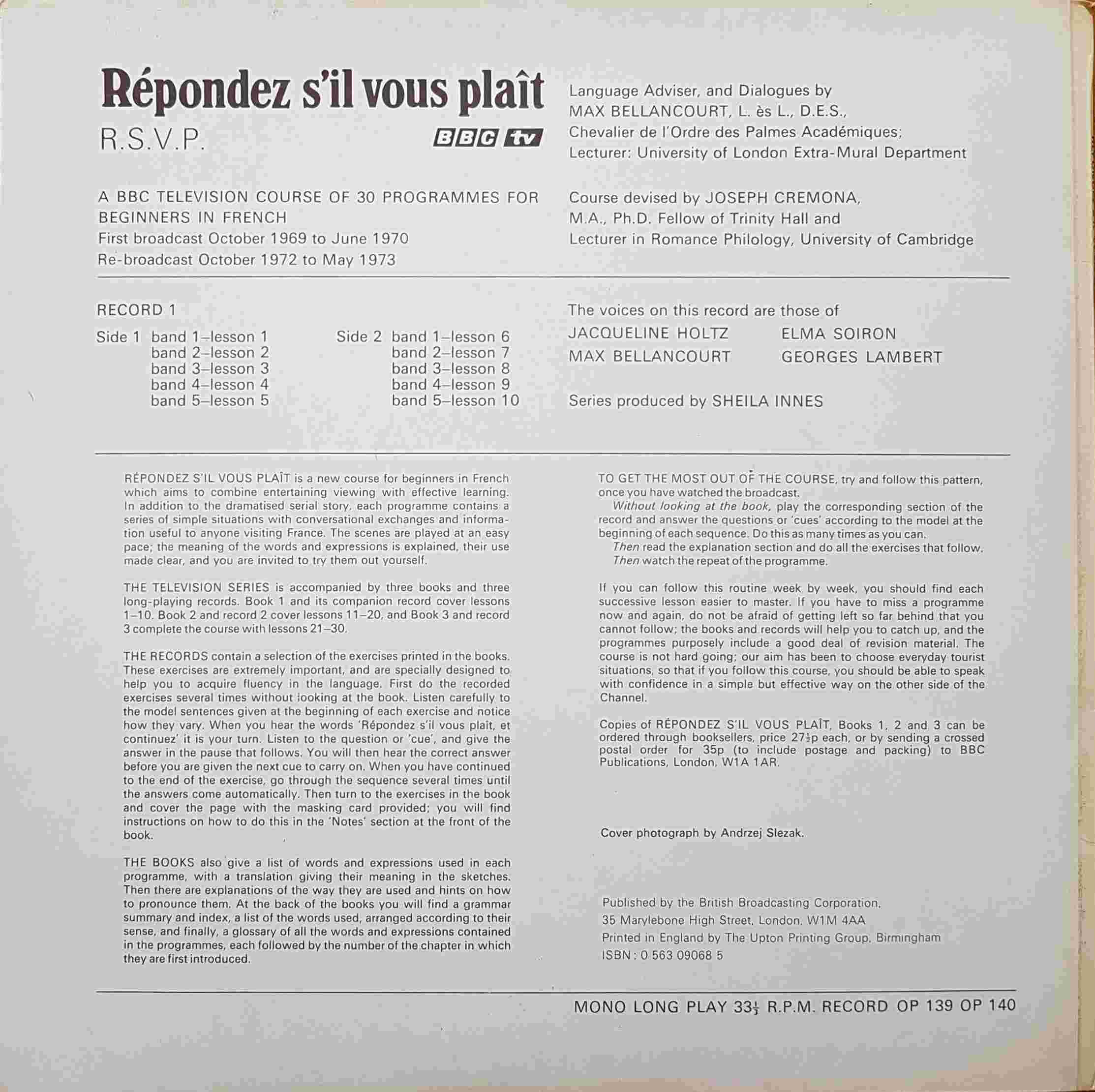 Picture of OP 139/140 Respondez s'il vous plait R. S. V. P. - Lessons 1 - 10 by artist Max Bellancourt / Joseph Cremona from the BBC records and Tapes library